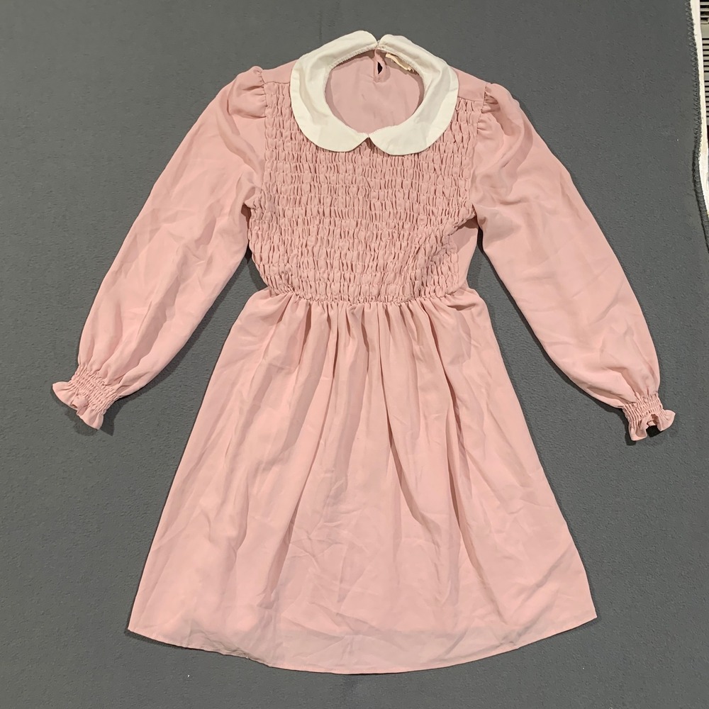 Clarisbelle Smocked Dress Women Medium Pink Peter Pan Collar Long Sleeve Kawaii